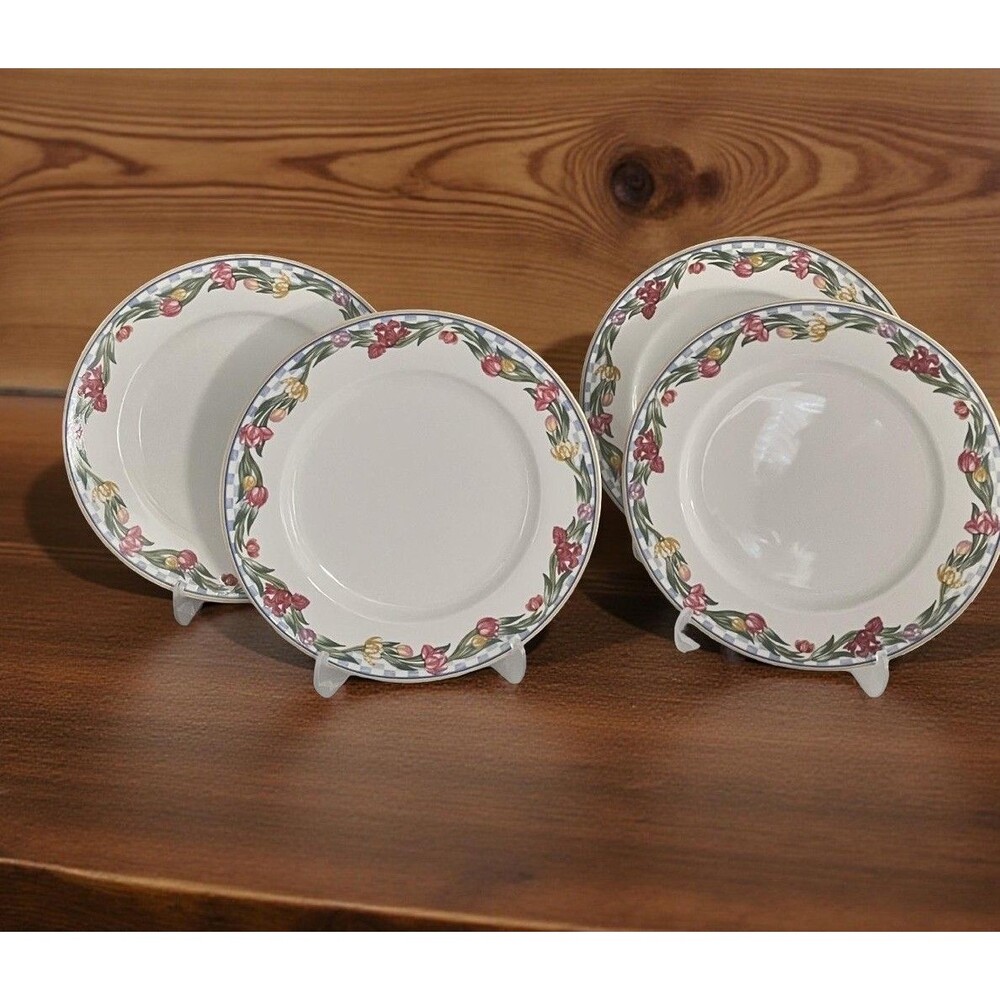 LENOX CASUAL IMAGES "COUNTRY TULIPS" SALAD PLATES SET OF 4 Replacement 8” Vtg